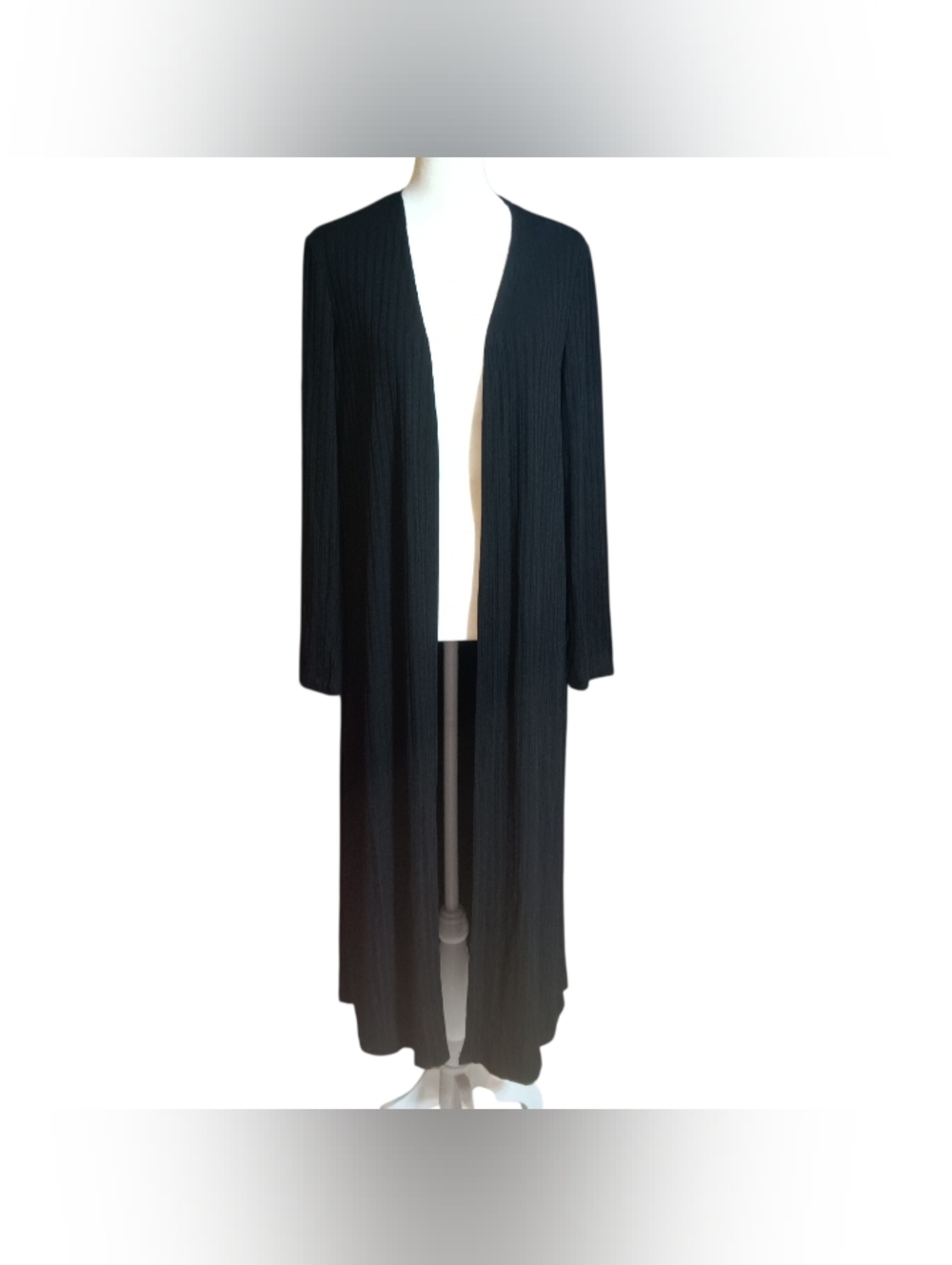 Long Open-Front Ribbed Duster Maxi  Cardigan Black Sz S